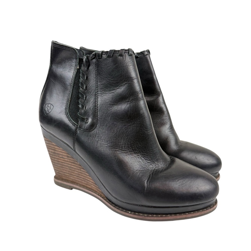 Ariat Belle Black Wedge Ankle Boots Whip Stitch Leather Sz 9.5
